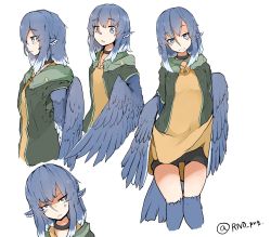 Rule 34 | 1girl, anger vein, animal ears, bike shorts, bird ears, bird legs, bird tail, bird wings, blue feathers, blue hair, blue wings, blush, choker, clothes lift, dress, dress lift, feather hair, feathered wings, feathers, green jacket, grey eyes, harpy, highres, jacket, lifting own clothes, monster girl, multiple views, open mouth, original, rnd.jpg (artist), smile, tail, winged arms, wings, yellow dress
