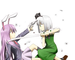 2girls animal_ears bad_id bad_pixiv_id female_focus green_eyes gun hairband konpaku_youmu korin_(ra-sky07) multiple_girls purple_hair rabbit_ears red_eyes reisen_udongein_inaba ribbon short_hair silver_hair skirt sword touhou weapon