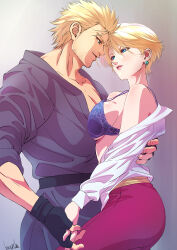 1boy 1girl absurdres belt black_belt blonde_hair blue_eyes blush bra breasts couple dougi earrings fighting_game fingerless_gloves formal gloves hetero highres holding_hands jewelry karate_gi king_(snk) large_breasts martial_arts_belt mma_gloves muscular muscular_male off_shoulder open_clothes open_shirt pant_suit pants partially_undressed reverse_trap ryou_sakazaki ryuuko_no_ken shirt short_hair simple_background smile strikebeagle suit the_king_of_fighters unbuttoned unbuttoned_shirt underwear
