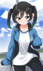 Rule 34 | 1girl, arm support, black hair, black jacket, black pants, blue jacket, blush, breasts, collarbone, commentary request, day, foreshortening, green eyes, green hair, hair between eyes, highres, indoors, jacket, large breasts, long sleeves, looking at viewer, love live!, love live! nijigasaki high school idol club, open clothes, open jacket, pants, parted lips, shirt, sitting, sleeves past fingers, sleeves past wrists, smile, solo, takasaki yu, teeth, totoki86, twintails, white shirt, window
