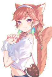 Rule 34 | 1girl, :3, absurdres, animal ears, bag, blue choker, blush, braid, cat ears, cat tail, choker, closed mouth, commentary request, earrings, fang, from side, hairband, heart, highres, hololive, hololive english, jewelry, kanae (inorin05kanae), long hair, looking at viewer, midriff, multicolored hair, nail polish, navel, orange hair, pink nails, puffy short sleeves, puffy sleeves, purple eyes, shirt, short sleeves, shoulder bag, simple background, smile, solo, stomach, tail, takanashi kiara, takanashi kiara (casual), twin braids, upper body, virtual youtuber, white background