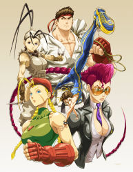 Rule 34 | 1990s (style), 1boy, 4girls, antenna hair, armband, armor, armpits, ass, attack, baggy pants, bare shoulders, beret, between breasts, black hair, blonde hair, blue eyes, bodysuit, braid, breasts, brown eyes, brown hair, buttons, cammy white, capcom, chun-li, cleavage, cleavage cutout, clenched hand, clothing cutout, collarbone, crimson viper, crop top, dagger, double bun, double vertical stripe, dougi, dual wielding, earrings, eric vedder, expressionless, fingerless gloves, food, foreshortening, frown, gauntlets, glint, gloves, gradient background, green eyes, hair bun, hair ribbon, hat, headband, high collar, high ponytail, holding, ibuki (street fighter), jacket, jewelry, knife, large breasts, legs, leotard, lips, lipstick, long hair, looking at viewer, makeup, military, military uniform, multiple girls, muscular, necktie, necktie between breasts, ninja, noodles, open clothes, open jacket, outstretched arm, over shoulder, pants, parted lips, pectorals, pink hair, pompadour, ponytail, purple eyes, retro artstyle, ribbon, ryu (street fighter), sack, sash, scar, scrunchie, shirt, shoes, short hair, side cutout, signature, single braid, sleeveless, sneakers, soles, spread legs, street fighter, street fighter iii (series), street fighter iv (series), street fighter zero (series), studded bracelet, sunglasses, toned, torn clothes, turtleneck, twin braids, udon, uniform, unitard, upper body, upside-down, very long hair, weapon