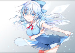 Rule 34 | 1girl, alternate hair length, alternate hairstyle, ass, bad id, bad pixiv id, blue dress, blue eyes, blue hair, blush, bow, breasts, cirno, cirno-nee, clothes lift, dress, dress lift, hair bow, ice, ice wings, leaning forward, long hair, looking at viewer, matching hair/eyes, medium breasts, simple background, solo, touhou, wings, yamada ranga