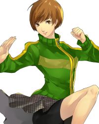 Rule 34 | 1girl, absurdres, bad arm, bare legs, bike shorts, breasts, brown eyes, brown hair, eyelashes, feet out of frame, fighting stance, green jacket, highres, jacket, long sleeves, looking at viewer, medium breasts, persona, persona 4, pertex 777, pin, satonaka chie, school uniform, short hair, simple background, sitting, skirt, solo, track jacket, white background, yasogami school uniform, zipper