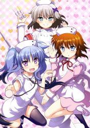 Rule 34 | 3girls, :d, absurdres, apron, black legwear, blue eyes, blue hair, blush, breasts, brown hair, clover, dress, eyes visible through hair, fang, frilled apron, frills, fujima takuya, gem (symbol), grin, hair between eyes, hair ornament, hands up, hat, heart, highres, holding, holding syringe, levi the slasher, light brown hair, looking at viewer, lord dearche, lyrical nanoha, mahou shoujo lyrical nanoha, mahou shoujo lyrical nanoha a&#039;s, mahou shoujo lyrical nanoha a&#039;s portable: the gears of destiny, mahou shoujo lyrical nanoha the movie 3rd: reflection, multicolored hair, multiple girls, neck ribbon, nurse, nurse cap, official art, open mouth, parted lips, pink dress, pink eyes, plaid, plaid background, red ribbon, ribbon, scan, shiny clothes, shoes, short hair, side slit, silver hair, small breasts, smile, sneakers, socks, spade (shape), stern the destructor, stethoscope, syringe, thighhighs, twintails, two-tone hair, white apron, white dress, white footwear, white frills, white hat, white legwear, white sleeve ends, x hair ornament