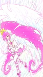 Rule 34 | 10s, 1girl, absurdly long hair, aino megumi, alternate costume, alternate form, angel wings, bad id, bad pixiv id, boots, brooch, closed eyes, crown, cure lovely, happinesscharge precure!, heart, heart brooch, hyakucha, jewelry, long hair, magical girl, open mouth, pink hair, ponytail, precure, skirt, solo, super happiness lovely, thigh boots, thighhighs, very long hair, wide ponytail, wings, wrist cuffs