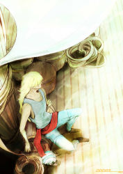 Rule 34 | 1boy, blonde hair, from above, hair over eyes, killer (one piece), long hair, male focus, one piece, pirate, sash, ship, sitting, solo, tank top, watercraft