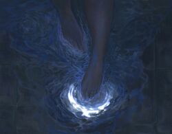 Rule 34 | 1other, barefoot, blue theme, crescent moon, feet, feet only, foot focus, from above, moon, night, original, out of frame, pavement, pov, scenery, solo, standing, toenails, wading, water, yinertang