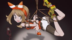 Rule 34 | 1boy, 1girl, arms behind back, bare arms, bike shorts, bow hairband, brown hair, chimu xingcheng, commentary request, creatures (company), eyelashes, fang, from above, game freak, grey eyes, hairband, highres, looking back, maxie (pokemon), may (pokemon), nintendo, open mouth, orange hairband, poke ball, poke ball (basic), pokemon, pokemon oras, raised eyebrows, red shirt, shibari, shirt, shoes, short shorts, shorts, skin fang, sleeveless, sleeveless shirt, suspension, team magma, yellow footwear