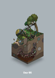 Rule 34 | absurdres, boned meat, campfire, commentary request, diorama, food, gozz, grey background, highres, isometric, meat, oil, olmec head, original, rope, running, stairs, stepping stones, torch, tree