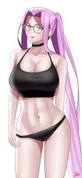 Rule 34 | 1girl, abs, bare shoulders, breasts, choker, fate/grand order, fate/stay night, fate (series), glasses, highres, large breasts, long hair, looking at viewer, medusa (fate), medusa (rider) (fate), navel, ponytail, purple eyes, purple hair, solo, square pupils, tongue, tongue out, undressing, white background, zinfian