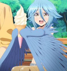 Rule 34 | 10s, 1girl, blue hair, blush, feathers, food, harpy, highres, ice cream, monster girl, monster musume no iru nichijou, open mouth, papi (monster musume), screencap, short hair, solo, stitched, tagme, third-party edit, wings, yellow eyes