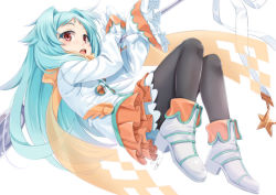 Rule 34 | 1girl, :o, black pantyhose, blue hair, boots, commentary request, hair intakes, high heel boots, high heels, holding, jacket, layered skirt, long hair, long sleeves, miri (ago550421), miyako (princess connect!), open mouth, orange scarf, orange skirt, oversized object, pantyhose, parted bangs, pleated skirt, princess connect!, red eyes, round teeth, scarf, see-through, signature, simple background, skirt, sleeves past fingers, sleeves past wrists, solo, star (symbol), teeth, upper teeth only, very long hair, white background, white footwear, white jacket, wide sleeves