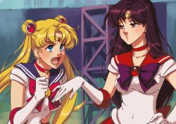 Rule 34 | 2girls, :o, angry, annoyed, bishoujo senshi sailor moon, black hair, blonde hair, blue eyes, blush, bow, breasts, choker, clenched hand, collarbone, derivative work, double bun, earrings, eflunn (emilylunn), elbow gloves, eye contact, gloves, hair bun, hair ornament, hand on own hip, hand up, hino rei, jewelry, long hair, looking at another, magical girl, medium breasts, meme, multiple girls, neck, necklace, open mouth, parted bangs, purple bow, purple eyes, red bow, red choker, sailor mars, sailor moon, sailor moon redraw challenge (meme), school uniform, screenshot redraw, serafuku, short sleeves, straight hair, tiara, tsukino usagi, twintails, upper body, very long hair, white gloves
