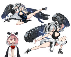 Rule 34 | 2girls, ahoge, animal ears, animal hood, arknights, breasts, china dress, chinese clothes, cleavage cutout, clothes around waist, clothing cutout, dress, evolvingmonkey, eyewear on head, fang, feater (arknights), fighting stance, flying kick, grey hair, highres, hood, jacket, jacket around waist, kicking, large breasts, mechanical arms, multicolored hair, multiple girls, nijisanji, panda hood, pink hair, sasaki saku, streaked hair, sunglasses, twintails, virtual youtuber, white background