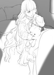 Rule 34 | 1girl, dress, expressionless, greyscale, hand on own face, holding, holding stuffed toy, light, long hair, magenaiman3, monochrome, neck ribbon, original, pillow, ribbon, sitting, solo, stuffed animal, stuffed toy, teddy bear, very long hair