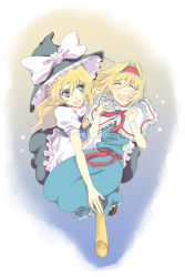 Rule 34 | &gt;:), 2girls, :d, alice margatroid, arm around waist, bad id, bad pixiv id, blonde hair, blue eyes, broom, broom riding, capelet, female focus, hairband, hat, kirisame marisa, long hair, multiple girls, nakayama miyuki, open mouth, ribbon, scared, short hair, smile, touhou, v-shaped eyebrows, wavy mouth, witch, witch hat
