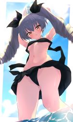 Rule 34 | 1girl, absurdres, anchovy (girls und panzer), artist request, ball, bikini, bikini skirt, black bikini, blue sky, border, breasts, cleavage, cloud, cowboy shot, day, drill hair, girls und panzer, green hair, highres, long hair, looking at viewer, looking down, red eyes, shiny skin, sky, solo, spread legs, strapless, strapless bikini, swimsuit, twin drills, twintails, water, white border, wide hips