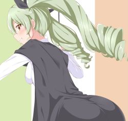 Rule 34 | 1girl, anchovy (girls und panzer), anzio school uniform, black cape, black ribbon, brown eyes, cape, commentary request, dou-t, dress shirt, drill hair, flag background, from behind, girls und panzer, green hair, grin, hair ribbon, highres, holding, holding riding crop, italian flag, leaning forward, long hair, long sleeves, looking at viewer, looking back, ribbon, riding crop, school uniform, shirt, smile, solo, standing, twin drills, twintails, white shirt