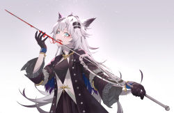 Rule 34 | 1girl, alset, animal ears, arknights, black coat, black dress, black gloves, blood, bloody weapon, blue eyes, chain, chinese commentary, coat, commentary request, dress, fur trim, gloves, gradient background, grey background, hair ornament, hairclip, hand up, holding, holding sword, holding weapon, lappland (arknights), lappland (refined horrormare) (arknights), long hair, long sleeves, looking at viewer, official alternate costume, open clothes, open coat, scar, scar across eye, scar on face, silver hair, solo, sword, tongue, tongue out, upper body, very long hair, weapon, white background, wide sleeves, wolf ears