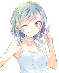 Rule 34 | 1girl, ;), aqua hair, bang dream!, blue bow, blue camisole, blue choker, bow, braid, camisole, choker, collarbone, e20, finger gun, green eyes, hair bow, hand up, hikawa hina, index finger raised, looking at viewer, one eye closed, reaching, reaching towards viewer, selfie, short hair, side braids, simple background, smile, solo, upper body, white background