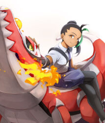 Rule 34 | 1girl, black hair, black pantyhose, brown eyes, closed mouth, collared shirt, commentary request, creatures (company), crossed legs, dark-skinned female, dark skin, eyelashes, fire, game freak, green hair, highres, itsudzumi, looking at viewer, multicolored hair, necktie, nemona (pokemon), nintendo, pantyhose, pokemon, pokemon (creature), pokemon sv, ponytail, purple necktie, purple shorts, riding, riding pokemon, shirt, shoes, short sleeves, shorts, sitting, skeledirge, smile, streaked hair, two-tone hair, white background