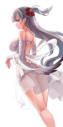 Rule 34 | 1girl, ass, azur lane, back, blue eyes, blunt bangs, butt crack, dress, earrings, from behind, hair ornament, half-closed eyes, highres, hm (hmongt), jewelry, looking at viewer, looking back, mole, mole under eye, no panties, one side up, see-through, shoukaku (azur lane), shoukaku (the crane that dances with the wind) (azur lane), silver hair, simple background, solo, white background, white dress