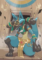 Rule 34 | commentary request, creatures (company), full body, game freak, gem, gen 4 pokemon, hanato yousei, highres, jewelry, looking at viewer, lucario, lucario (ruins), nintendo, on one knee, pokemon, pokemon (creature), pokemon unite, red eyes, red gemstone, spikes, toes, twitter username, yellow fur