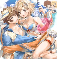 Rule 34 | 1boy, 1girl, arm around shoulder, bad id, bad twitter id, blonde hair, blue shirt, bracelet, breasts, brown eyes, brown hair, chibi, chibi inset, cleavage, day, djeeta (granblue fantasy), djeeta (summer) (granblue fantasy), gran (granblue fantasy), gran (summer) (granblue fantasy), granblue fantasy, headband, highres, holding, holding weapon, innertube, jewelry, large breasts, ooluoul, open mouth, shirt, short hair, smile, swim ring, swimsuit, sword, thigh strap, thighs, towel, water, weapon