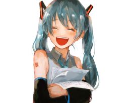 Rule 34 | 1girl, ^ ^, aqua hair, aqua necktie, bare shoulders, blouse, closed eyes, collared shirt, commentary, detached sleeves, hair ornament, hatsune miku, highres, holding, holding paper, ligton1225, necktie, hugging object, paper, sheet music, shirt, simple background, sleeveless, sleeveless shirt, smile, solo, swept bangs, twintails, upper body, vocaloid, white background, white shirt