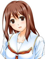 Rule 34 | 1girl, brown eyes, brown hair, head tilt, hoshino yuumi, kimi kiss, looking at viewer, open mouth, ribucci, school uniform, simple background, smile, solo, white background