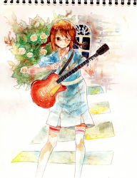 Rule 34 | 1girl, absurdres, alternate costume, bespectacled, blue shirt, blue skirt, brown hair, casual, closed mouth, collar, collared shirt, electric guitar, equinox, flower, gibson les paul, glasses, guitar, highres, hirasawa yui, holding, holding instrument, instrument, k-on!, kneehighs, leaf, one eye closed, over-kneehighs, over-rim eyewear, painting (medium), parted bangs, photo (medium), plant, puffy short sleeves, puffy sleeves, red-framed eyewear, ribbon, semi-rimless eyewear, shirt, short hair, short sleeves, short twintails, skirt, smile, socks, standing, thighhighs, traditional media, twintails, watercolor (medium), white background, white collar, white socks, window, yellow ribbon