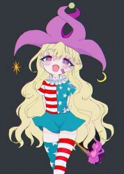 Rule 34 | 1girl, adapted costume, american flag legwear, american flag shirt, bandaid, bandaid on face, blonde hair, blue skirt, blush, clownpiece, crescent, crescent hat ornament, fangs, feet out of frame, hair between eyes, hat, hat ornament, highres, holding, holding torch, jester cap, long hair, looking at viewer, one-hour drawing challenge, open mouth, pink eyes, pink hat, polka dot, polka dot headwear, renakobonb, shirt, short sleeves, skirt, smile, solo, star (symbol), star print, striped clothes, striped shirt, striped thighhighs, thighhighs, torch, touhou, twitter username