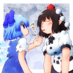 Rule 34 | 2girls, bare arms, black hair, blouse, blue bow, blue dress, blue eyes, blue hair, blush, bow, chop, cirno, closed eyes, commentary request, dress, empty eyes, facing another, food, food in mouth, hair bow, hat, height difference, ice, ice wings, leaning forward, looking at another, matty (zuwzi), medium hair, motion blur, multiple girls, pocky, pointy ears, rejection, shaded face, shameimaru aya, shirt, short sleeves, tokin hat, touhou, tsundere, wings, yuri