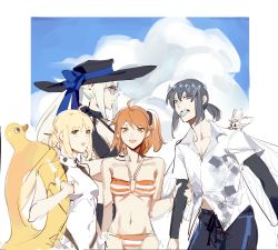 Rule 34 | 1boy, 2717233867, 3girls, ahoge, artoria caster (fate), artoria pendragon (fate), bikini, black bikini, black headwear, black shorts, blonde hair, blue eyes, blue sky, blush, braid, breasts, brilliant summer, bug, cleavage, collared shirt, covered navel, diamond hairband, fate/grand order, fate (series), food, french braid, fujimaru ritsuka (female), fujimaru ritsuka (female) (brilliant summer), green eyes, grey hair, hair ornament, hair scrunchie, hat, highres, innertube, insect, insect wings, large breasts, long hair, looking at viewer, medium breasts, morgan le fay (fate), moth, mouth hold, multiple girls, oberon (fate), oberon (third ascension) (fate), official alternate costume, one-piece swimsuit, one side up, orange bikini, orange eyes, orange hair, ponytail, popsicle, scrunchie, shirt, short hair, short ponytail, short sleeves, shorts, siblings, sidelocks, sisters, sky, small breasts, spoilers, striped bikini, striped clothes, sun hat, swim ring, swimsuit, thighs, twintails, very long hair, white bikini, white one-piece swimsuit, white shirt, wings