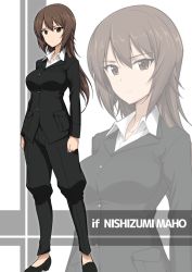 Rule 34 | 10s, 1girl, aged up, blush, breasts, brown eyes, brown hair, character name, formal, girls und panzer, halcon, highres, jodhpurs, nishizumi maho, pant suit, pants, short hair, solo, suit, zoom layer