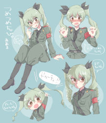 Rule 34 | 1girl, aaru (kerogero1582), anchovy (girls und panzer), anzio military uniform, armband, belt, belt buckle, black shirt, blouse, blue background, blush, boots, brown eyes, buckle, chibi, drill hair, epaulettes, frown, girls und panzer, green hair, hair ribbon, hand in own hair, hand up, head tilt, highres, invisible chair, long hair, long sleeves, military, military uniform, necktie, open mouth, pants, pants tucked in, ribbon, scowl, shirt, simple background, sitting, smile, standing, twin drills, uniform, wavy mouth