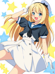 Rule 34 | 1girl, black neckwear, blue eyes, blue sailor collar, cowboy shot, dress, feet out of frame, gloves, hair between eyes, hand on another&#039;s head, hat, jervis (kancolle), kantai collection, long hair, looking at viewer, off-shoulder dress, off shoulder, sailor collar, sailor dress, sailor hat, sebunsu, short sleeves, solo, standing, star (symbol), starry background, white background, white dress, white gloves, white hat