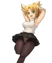 Rule 34 | 1girl, :d, absurdres, animal ears, armpits, arms behind head, arms up, black pantyhose, black skirt, blonde hair, breasts, commission, dog days, fox ears, fox girl, fox tail, green eyes, hair ribbon, highres, light blush, long hair, open mouth, pantyhose, pixiv commission, ponytail, red ribbon, ribbon, simple background, skirt, sleeveless, smile, solo, sookmo, tail, white background, yukikaze panettone