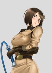 Rule 34 | 1girl, anagumasan, blush, breasts, brown hair, choker, gloves, grey background, head tilt, highres, short hair, simple background, snk, solo, the king of fighters, whip, whip (kof)