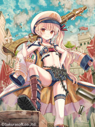 Rule 34 | 1girl, ammunition belt, armpits, bandeau, bare arms, belt, blonde hair, blue shorts, boots, brown eyes, bullet, coat, coat on shoulders, day, finger on trigger, flat chest, gloves, gold trim, gun, hand on own hip, hand up, hat, holding, holding gun, holding weapon, knee boots, long hair, long sleeves, looking at viewer, midriff, military hat, navel, official art, peaked cap, revealing clothes, rifle, short shorts, shorts, side ponytail, sleeveless, smile, solo, standing, stomach, teikoku senki, thigh strap, thighs, very long hair, watermark, weapon, white coat, white gloves, white hat, yuuki rika