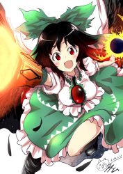 Rule 34 | 1girl, arm cannon, black hair, blush, cape, dated, feathers, glowing, hair ribbon, long hair, looking at viewer, nekota susumu, open mouth, outstretched arms, puffy sleeves, red eyes, reiuji utsuho, ribbon, shirt, short sleeves, signature, simple background, skirt, smile, solo, third eye, touhou, weapon, white background