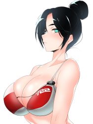 Rule 34 | 1girl, adapted costume, animification, apex legends, bare shoulders, bikini, black hair, breasts, cleavage, collarbone, commentary request, hair bun, highres, large breasts, light smile, long hair, looking at viewer, looking to the side, multicolored bikini, multicolored clothes, quarantine 722 wraith, red bikini, short hair, simple background, single hair bun, solo, swimsuit, uzura kazuhisa, white background, white bikini, wraith (apex legends)