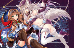 Rule 34 | 2girls, :d, ahoge, animal ear fluff, animal ears, animal hands, arm belt, bare shoulders, black gloves, black legwear, black neckwear, blush, boots, braid, brooch, brown footwear, brown hair, brown skirt, chain, cloak, closed mouth, crop top, cross, elbow gloves, fang, frilled shirt, frilled skirt, frills, fur trim, gloves, green eyes, hair over one eye, hair over shoulder, hands up, hat, headdress, high heels, highres, hood, hooded cloak, jewelry, knee up, leg up, light particles, long hair, long sleeves, looking at viewer, low twintails, midriff, miniskirt, multiple girls, navel, neck ribbon, nifu, open mouth, original, paw gloves, plaid, purple eyes, purple footwear, purple hat, red cloak, ribbon, shirt, silver hair, skirt, smile, starry sky print, stomach, tail, thigh boots, thighhighs, twin braids, twintails, very long hair, white legwear, white shirt, wolf ears, wolf girl, wolf tail