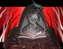 Rule 34 | 1boy, aragami oga, bare tree, book, claw ring, collar, collarbone, dark-skinned male, dark skin, debbie njy, evil smile, eyepatch, finger to mouth, greyscale, hair between eyes, highres, holding, holding book, holostars, hood, hood up, hooded jacket, horns, horns through hood, index finger raised, jacket, leash, letterboxed, looking at viewer, male focus, medical eyepatch, monochrome, open book, outside border, parted lips, red background, red eyes, short hair, shushing, single horn, sleeves rolled up, smile, spot color, straight-on, toned, toned male, tree, upper body, virtual youtuber