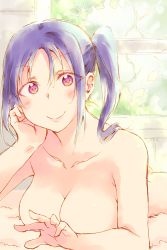 Rule 34 | 10s, 1girl, ass, blush, breasts, eyes visible through hair, indoors, kazuno sarah, large breasts, long hair, looking at viewer, love live!, love live! sunshine!!, lying, nekokun, nude, on stomach, pink eyes, purple hair, side ponytail, smile, solo, window