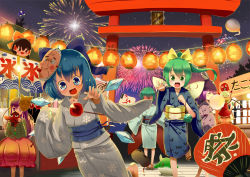 Rule 34 | 6+girls, :3, aerial fireworks, alternate costume, arm up, black hair, blouse, blue eyes, blue hair, blush, bow, candy apple, carrying, character name, cirno, cotton candy, covering own mouth, daiyousei, dropping, eating, ex-keine, fairy wings, festival, fireworks, flandre scarlet, food, full-face blush, green eyes, green hair, hair bow, hair tubes, hakurei reimu, hand fan, hands in opposite sleeves, hat, hata no kokoro, hitodama, hong meiling, insect wings, japanese clothes, justaway, kamishirasawa keine, kimono, lantern, linda b, long hair, looking at viewer, mask, multiple girls, mystia lorelei, new mask of hope, night, obi, open mouth, outdoors, outstretched arm, outstretched arms, outstretched hand, paper fan, paper lantern, plaid, plaid shirt, purple eyes, purple hair, red eyes, red hair, sandals, sash, shirt, short hair, shoulder carry, side ponytail, sitting, sitting on head, sitting on person, skirt, skirt set, sky, snowflakes, spread arms, star (sky), starry sky, sukusuku hakutaku, summer festival, tears, tengu mask, torii, touhou, tree, tripping, uchiwa, ufo, unworn sandals, water yoyo, wavy mouth, wings, wriggle nightbug, yukata, yukkuri shiteitte ne