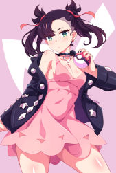 Rule 34 | &gt;:(, 1girl, aqua eyes, asymmetrical bangs, black choker, black hair, black jacket, black nails, blush, breasts, bright pupils, choker, cleavage, closed mouth, collarbone, commentary, contrapposto, cowboy shot, creatures (company), dress, earrings, english commentary, game freak, hair ribbon, highres, jacket, jewelry, long hair, long sleeves, looking at viewer, marnie (pokemon), mmrailgun, nail polish, nintendo, off shoulder, open clothes, open jacket, pink dress, pokemon, pokemon swsh, red ribbon, ribbon, single bare shoulder, small breasts, solo, thighs, twintails, two-tone background