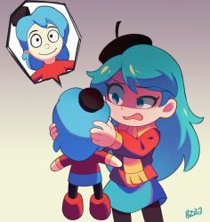 Rule 34 | 1girl, beret, black legwear, blue hair, bootleg, brick st, disgust, frown, gradient background, grey eyes, hat, highres, hilda, hilda (hilda), holding, holding stuffed toy, long hair, looking at object, meta, open mouth, scarf, shaded face, signature, skirt, solo, stuffed toy