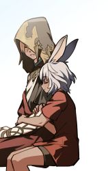 Rule 34 | 1boy, 1girl, aged down, animal ears, arm hug, black robe, black shorts, child, chinese commentary, closed eyes, commentary request, crystal exarch, feet out of frame, final fantasy, final fantasy xiv, from side, g&#039;raha tia, g'raha tia, grey hair, hair between eyes, height difference, highres, holding another&#039;s arm, hood, hood up, hooded robe, lyna (ff14), miqo&#039;te, one eye covered, profile, rabbit ears, red hair, red shirt, robe, shirt, short hair, short sleeves, shorts, simple background, sitting, smile, viera, white background, wuliu heihuo